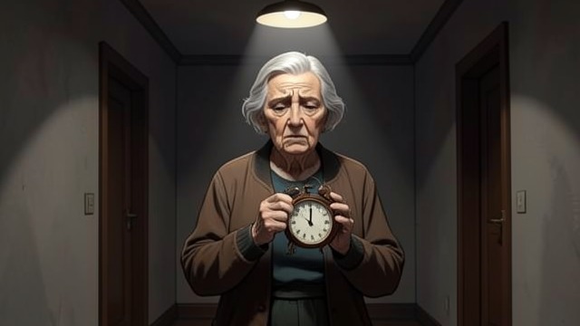 The House Key and Clock from "All My Puny Sorrows". Another Patient’s Keepsakes A Woman in the Hallway An elderly woman carries a clock and a bag containing the key to a home that has been sold.