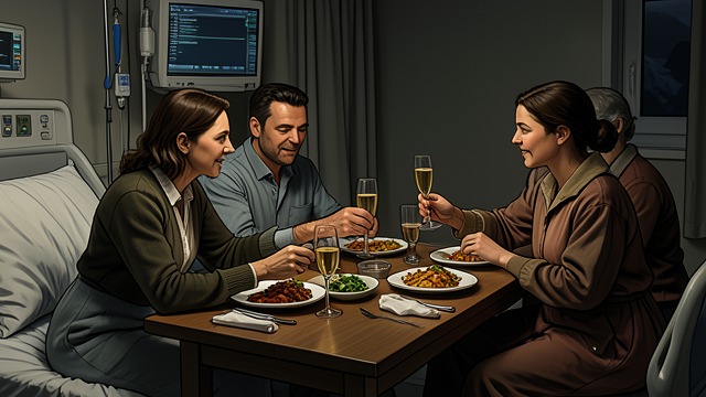 A Table in Emergency from "All My Puny Sorrows". A Meal Beside the Bed An Improvised Celebration A neighbour brings food, wine, cloth napkins, and dishes, and the family arranges dinner on Lottie’s stomach.