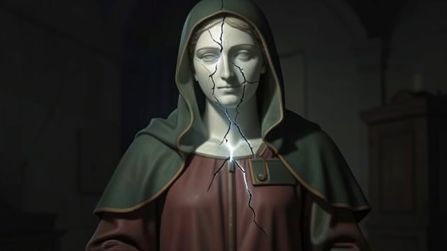 The Image Cracks from "Shrine". A Statue Changes A small flaw spreads The statue of Mary first bears a fine crack, then develops a network of fractures.