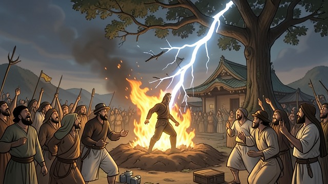 The Shrine Comes Apart from "Shrine". Catastrophe in the Field The dead rise in memory and vision The crowd experiences visions of a burning figure, an opening earth, and emerging dead.