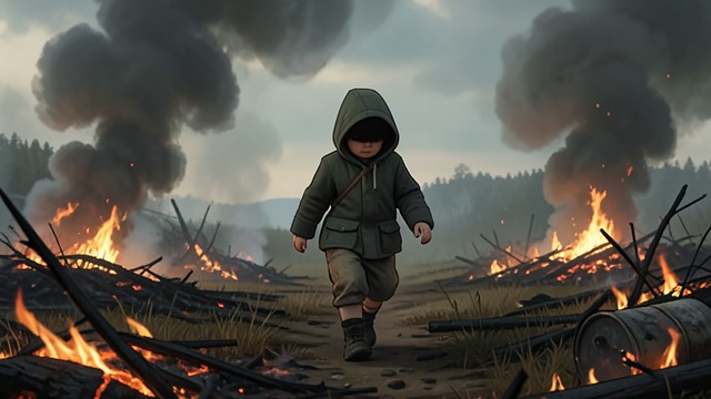 Alice Quells the Fire from "Shrine". Flames Die Before Alice A child enters the wreckage Alice appears as the fire continues to consume the garage and nearby vehicles.