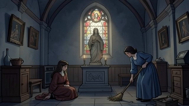 A Familiar Sanctuary from "Shrine". The Parish Church Ordinary service St. Joseph’s is a small, cold church where Alice helps her mother and sits near the statue of Mary.