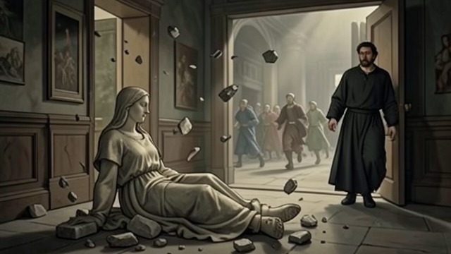 A Church Under Assault from "Shrine". Stone and Spirit The statue explodes Delgard watches the cracked statue change and then burst apart, killing him with stone fragments.