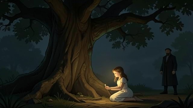 橡树旁的女士,《圣迹》中的场景。无人看见的光 爱丽丝的经历 爱丽丝跪在橡树旁一道耀眼的光芒前,后来描述说自己看见了一位美丽的白衣女士。这一形象首次暗示了仁慈力量的存在。 见证者所见有限 杰里·芬看到的是一棵树和一个孩子,而不是某个身影。爱丽丝确信自己有所见,而其他人感知到的却有所不同,这使这次遭遇仍可由信仰或怀疑来理解。