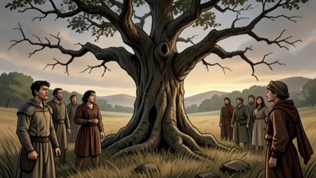 The Oak as Threat from "Shrine". A Tree Under Guard A damaged relic Pilgrims strip bark from the oak, treating it as a sacred object.