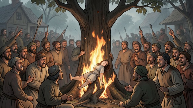 The Mob Turns on Einor from "Shrine". Punishment and Curse A staged accusation Woolgar helps denounce Einor as a witch, concealing his own crimes and directing the villagers’ anger toward her.