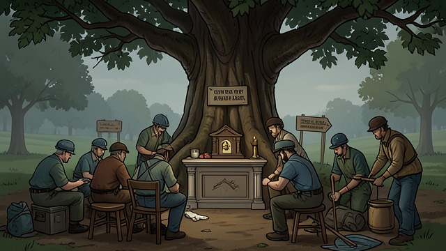A Site Prepared from "Shrine". An Outdoor Temple Expansion of the field Workers build seating, an altar, lighting, and access routes around the oak.