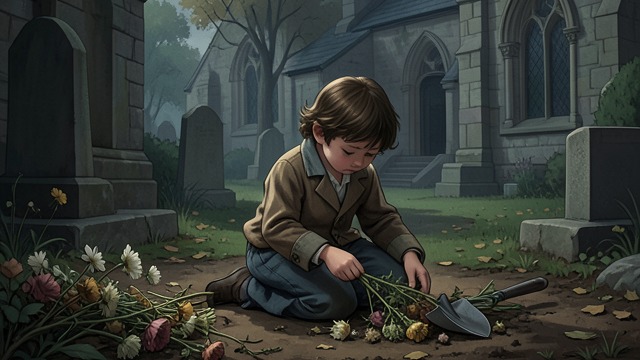 A Silent Graveyard Chore from "Shrine". A Child in Silence The ordinary task Alice Pagett gathers dead flowers in the churchyard while her mother works inside.