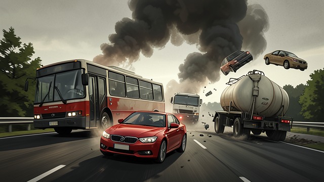 The Collision from "Shrine". Vehicles Out of Control A chain reaction The Capri veers across the road and collides with a bus beside the fuel tanker.