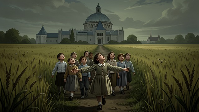 The First Public Healing from "Shrine". The Vision Becomes Public Children follow During Mass, Alice leaves her place and heads toward the field, followed by other children.
