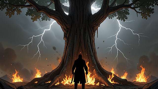 The Burning of the Oak from "Shrine". The Shrine Is Destroyed A second presence As Einor threatens Fenn, a bright figure appears at the base of the tree.
