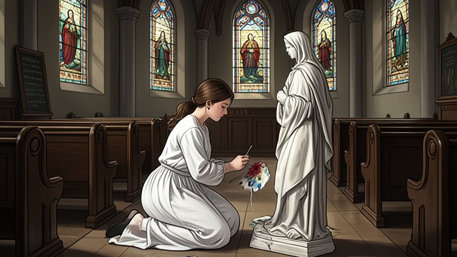 The Obedient Child from "Shrine". Familiar Devotion A churchgoing life Alice helps her mother in the church and repeatedly draws a female figure that resembles the statue of Mary.