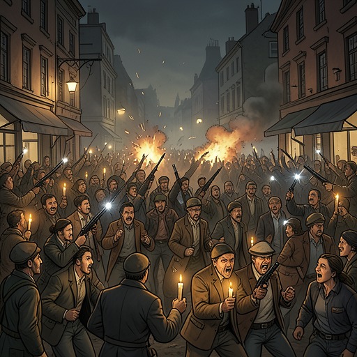 The Final Service and Its Collapse from "Shrine". This flow traces the candlelight gathering from carefully staged memorial service to shooting, mass panic, and supernatural destruction.