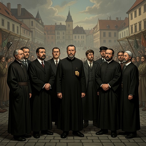 The Church and the Village’s Competing Interests from "Shrine". This flow traces the uneasy alliance between religious authority and local business leaders as both try to shape the meaning of the shrine.