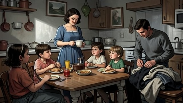 The Family at the Kitchen Table from "Trespasses". The Family at the Kitchen Table Temporary shelter Gina makes tea and sandwiches for the displaced family while Cushla finds clothes for the children.