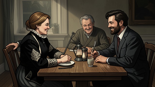 A Family Lunch from "Trespasses". A Family Lunch Ordinary intimacy Joanna and Dermot sit with Michael at lunch, speaking and smiling as a family.