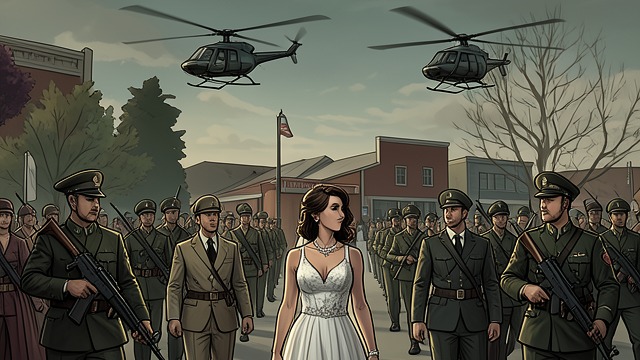 A Wedding Under Search from "Trespasses". A Wedding Under Search Soldiers enter the hall The army raids the wedding under helicopter surveillance, moving between guests with guns.
