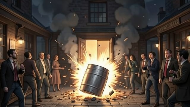 The Pub’s Destruction from "Trespasses". The Pub’s Destruction An explosion with warning A bomb placed in a beer keg damages the Lavery pub, but an anonymous warning allows it to be evacuated.