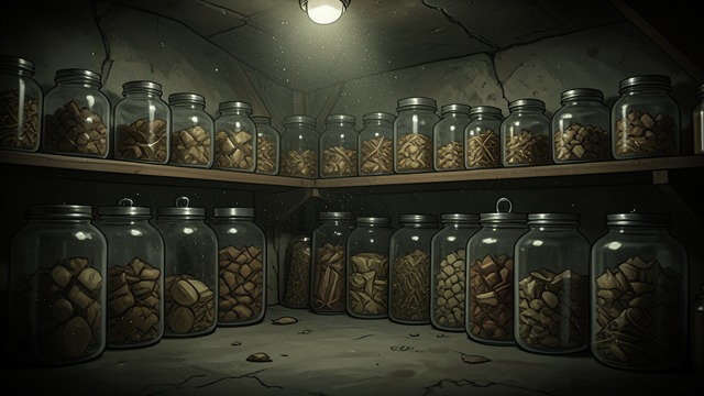 The Cellar’s Stored Years from "We Have Always Lived in the Castle". The Cellar’s Stored Years Food preserved over generations The cellar contains jars made by Blackwood women across several generations.