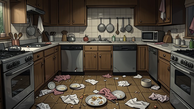 The Kitchen Ransacked from "We Have Always Lived in the Castle". The Kitchen Ransacked Careful arrangements destroyed The villagers smash dishes, scatter food, and tear cloths from their places.