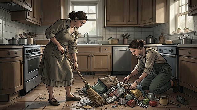 Neatening After Ruin from "We Have Always Lived in the Castle". Neatening After Ruin A new cleaning begins Constance returns to the kitchen and starts clearing the floor, while Mary Katherine sets usable objects aside.