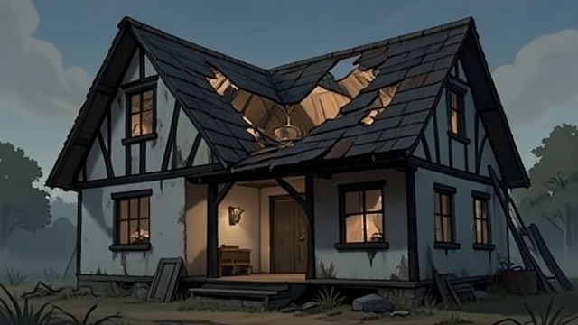 The Roof Open to the Sky from "We Have Always Lived in the Castle". The Roof Open to the Sky A structure altered The sisters see that the upper house is gone, with blackened beams and fragments of windows remaining.