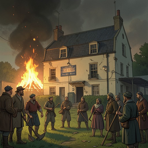 The Village Mob and the House from "We Have Always Lived in the Castle". This flow traces how the fire draws the villagers together, how emergency turns into vandalism, and how the ruined home becomes both target and refuge.