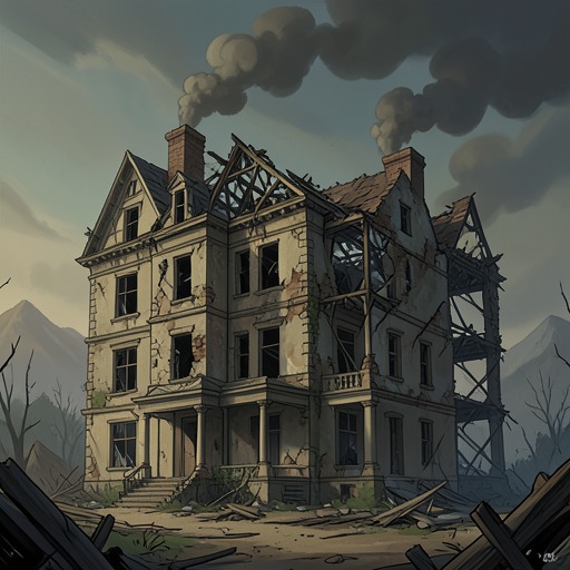 From Fire to Fortress from "We Have Always Lived in the Castle". This flow follows the house’s transformation from an inherited, carefully ordered residence into a burned ruin that the sisters refashion as a defensible home.