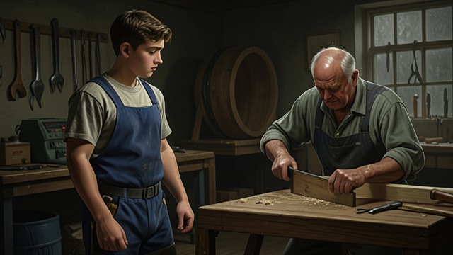 Watching from the Workshop from "The Boys in the Boat". A Quiet Curiosity Observation Joe often lingers near George Yeoman Pocock’s workshop, respecting the unspoken rule not to interrupt him at work.