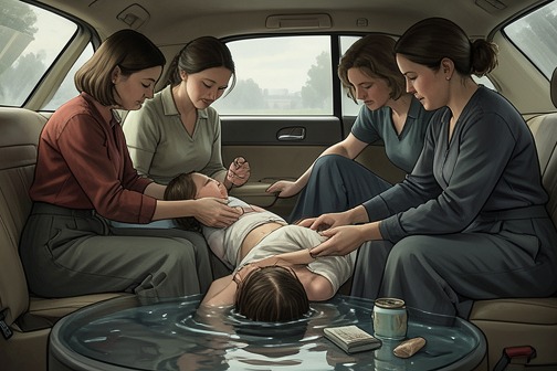 Delia Ortiz在Buick后座分娩,《亡灵节》中的场景。德莉娅·奥蒂斯在戴安娜·拉德的1960年别克英维克塔后座上生下儿子,此前她的产程加速,已来不及赶到塞尔斯的医院。这场路边分娩让原本紧急的行程变成一场临时接生,由拉妮·沃克、旺达·奥蒂斯和凯丝·费洛斯照料。