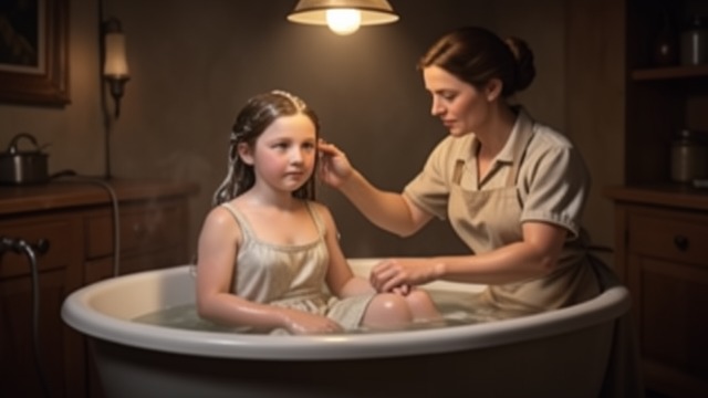 The First Bath from "Foster". The First Bath Trusting another adult Edna bathes the girl in deep, hot water and patiently cleans her hair and feet.