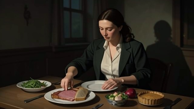 Food in the Kitchen from "Foster". Food in the Kitchen A full table The Kinsellas serve ham, bread, salad, beetroot, and hot rhubarb tart.
