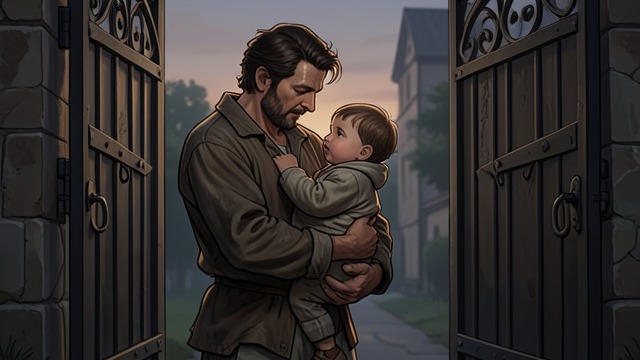 The Return to the Gate from "Foster". The Return to the Gate Turning back John returns to the gate after the family car leaves. The girl runs to him and he holds her tightly.