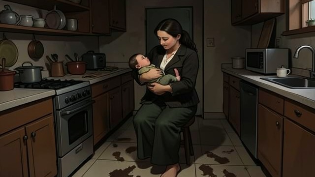The Crowded Reunion from "Foster". The Crowded Reunion A changed household Mary holds the new baby in a kitchen marked by dirty footprints and crowded furniture.