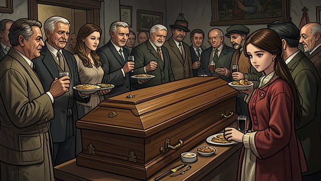 A Wake in the Community from "Foster". A Wake in the Community Mourning in company The girl sees a dead man in a coffin while neighbors share food, drink, and conversation.