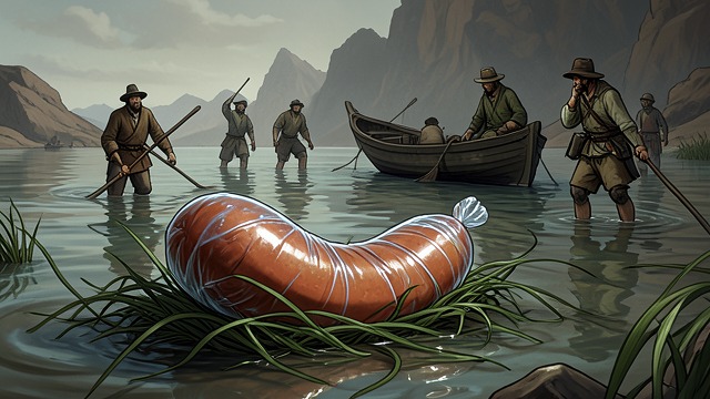 A Risky Water Haul from "The Summer Book". A Risky Water Haul An improvised vessel The Enormous Plastic Sausage is filled at a bog and towed across shallow water.