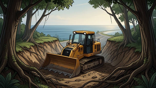 The Bulldozed Road from "The Summer Book". The Bulldozed Road Sudden destruction A bulldozer tears through woods and moss, leaving exposed roots, broken trees, and a road toward the sea.