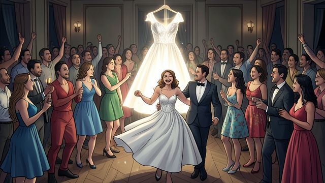 Gaynor’s Wedding Revelry from "Never Kiss a Man in a Christmas Jumper". A Dress in the Middle of the Party Craft meets celebration At Gaynor Cuddy’s evening reception, Maggie sees the finished dress taking up the dance floor…