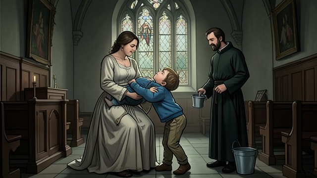 Luca’s Watery Baptism from "Never Kiss a Man in a Christmas Jumper". A Toddler Resists the Ritual Ceremony meets Luca’s will At the crowded chapel, Luca tries to escape his mother’s grasp as the baptism begins.