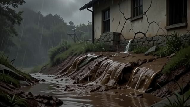 The House Gives Way from "Where'd You Go Bernadette". The House Gives Way The slope collapses Rain and the cleared hillside send mud into Audrey’s house as the fundraiser is underway.