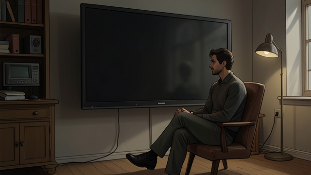 Old Habits at the Blank Screen from "The Silence". Watching Without Content A Persistent Gesture Max sits before the dead television after the game and its broadcast have vanished.