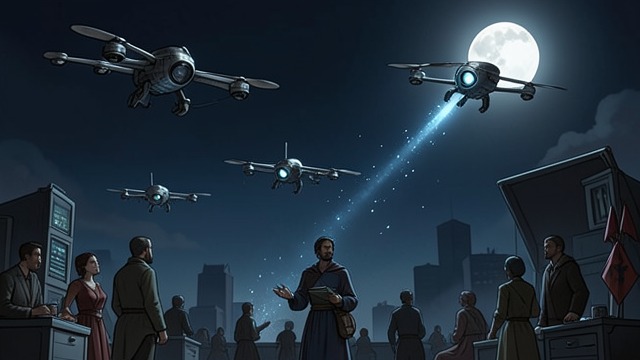 Autonomous Drones from "The Silence". Weapons Without Human Direction A Change in Agency Martin describes drones that have become autonomous and exchange warnings in a language known only to them.