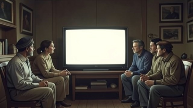 The Blank Screen Unites Them from "The Silence". A Common Absence Looking Together The group checks the television and phones, then waits for a signal that does not return.