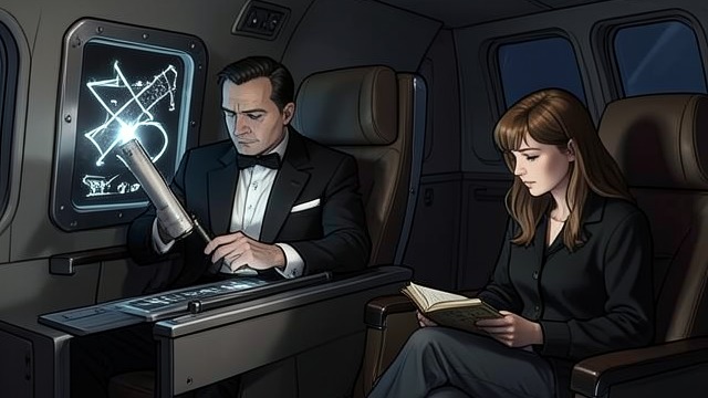 A Screen to Watch from "The Silence". Routine Through Displays Flight as Information Jim follows numbers on the airplane screen while Tessa writes in a notebook.