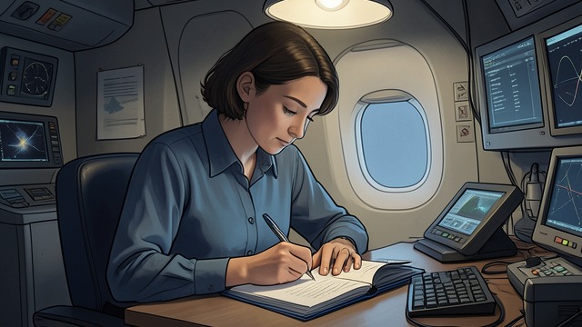 Tessa Writes the Flight from "The Silence". The Blue Notebook Recording Small Things Tessa writes while speaking, preserving fragments from a flight that is otherwise built from repetition and noise.