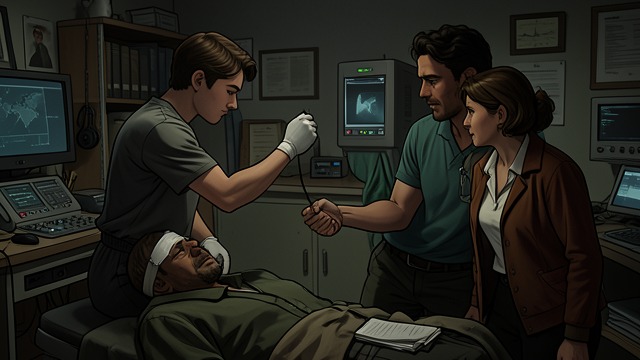 Treatment in the Clinic from "The Silence". A Wound Bandaged A Practical Procedure A young clinic worker applies medication and bandages Jim’s forehead.