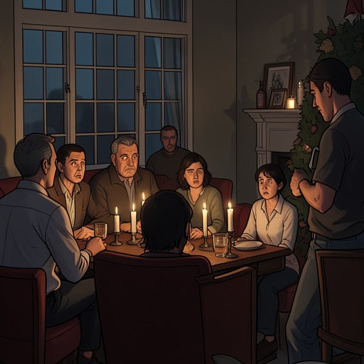The Gathering in the Living Room from "The Silence". This flow follows the changing group dynamic as five people move from social routine to candlelit testimony and uneasy companionship.