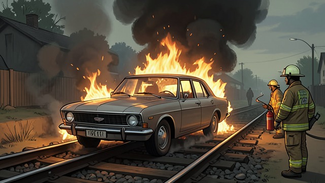 Watching the Fire Again from "The Edge of the World". Facing the Image A scene repeated Ollie sees a car burning beside the railway and initially cannot look away.
