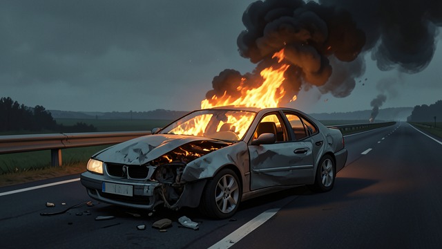 Ollie’s Burning Car from "The Edge of the World". Fire and Survival The crash Ollie’s Uber overturns on the M1 motorway and bursts into flames.