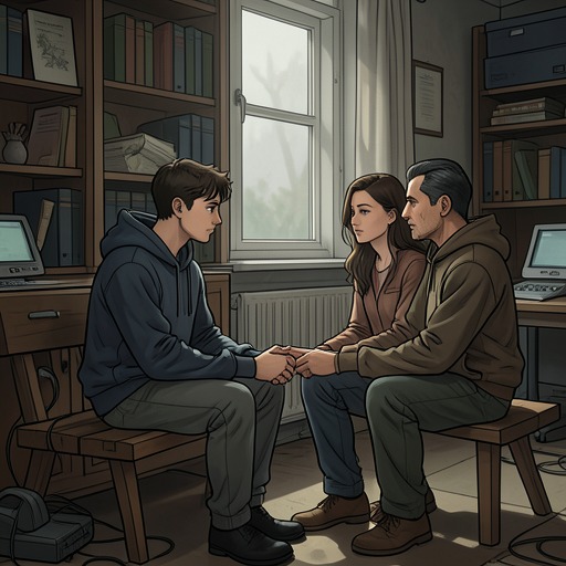 Ollie and His Parents from "The Edge of the World". Ollie’s relationship with Jannah and Wit shifts from guarded distance to accepting their help as he decides to pursue recovery for himself.